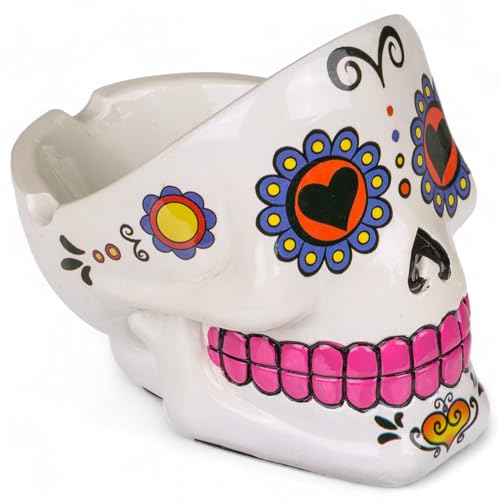 MIJOMA Sugar Skull Aschenbecher - Dekorativer Totenkopf Aschenbecher im mexikanischen Calaveras Stil - Handbemalt Polyresin Deko Souvenir - Cooles Mitbringsel für Raucher (Weiß) von MIJOMA
