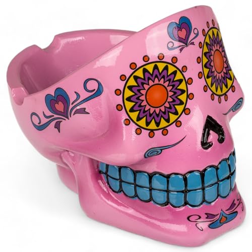 MIJOMA Sugar Skull Aschenbecher - Dekorativer Totenkopf Aschenbecher im mexikanischen Calaveras Stil - Handbemalt Polyresin Deko Souvenir für Raucher (Rosa) von MIJOMA