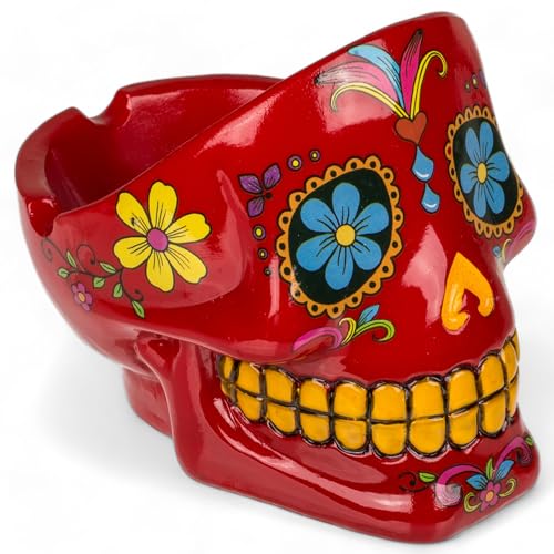 MIJOMA Sugar Skull Aschenbecher - Dekorativer Totenkopf Aschenbecher im mexikanischen Calaveras Stil - Handbemalt Polyresin Deko Souvenir für Raucher (Rot) von MIJOMA