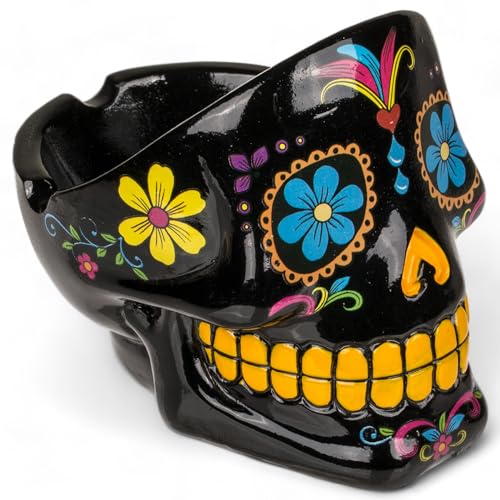 MIJOMA Sugar Skull Aschenbecher - Dekorativer Totenkopf Aschenbecher im mexikanischen Calaveras Stil - Handbemalt Polyresin Deko Souvenir für Raucher (Schwarz) von MIJOMA