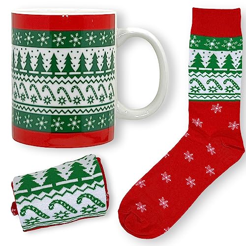MIJOMA Tassen-Socken-Set: Geschenkset Kaffeebecher mit Socken in Einheitsgröße, 300ml Keramik-Henkelbecher für Heiß- & Kaltgetränke, Tee, Kaffee, Heiße Schokolade (Weihnachtstasse Norwegermuster) von MIJOMA