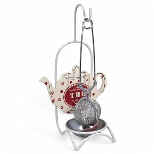 MIJOMA Tee-Sieb mit Abtropfgestell aus Edelstahl und Holz-Deko – Praktisches Teezubehör mit Edelstahlschale, 20 cm hoch von MIJOMA