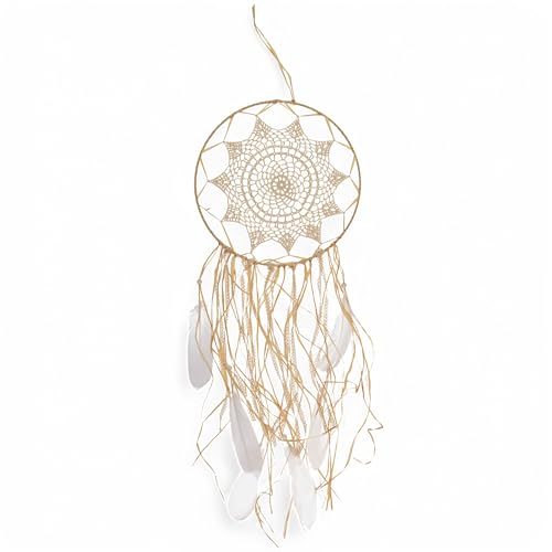 MIJOMA Traumfänger in Creme mit Federn & Bändern – Handgefertigte Boho-Dekoration aus Bast, ca. 67 x 30 cm von MIJOMA