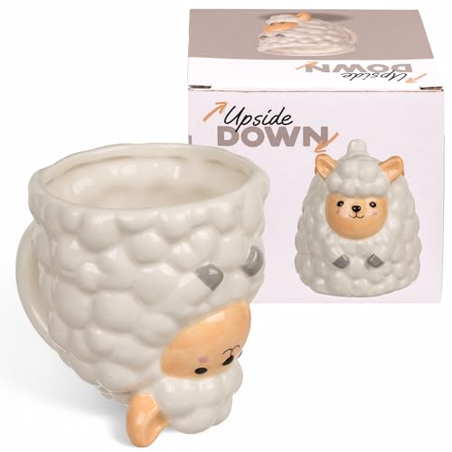 MIJOMA Upside-Down-Mug Kopfüber-Tasse – Lustiger Kaffeebecher aus Keramik – Umgedrehter Henkelbecher für Kaffee & Tee – 500 ml (Schaf) von MIJOMA