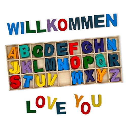 MIJOMA Vielseitiges Holzbuchstaben Set, 130-tlg - Buntes Alphabet Großbuchstaben A-Z, Ideale Lernhilfe, Perfekt zum Basteln und Dekorieren, Mit praktischer Aufbewahrungsbox, langlebig und trendig von MIJOMA