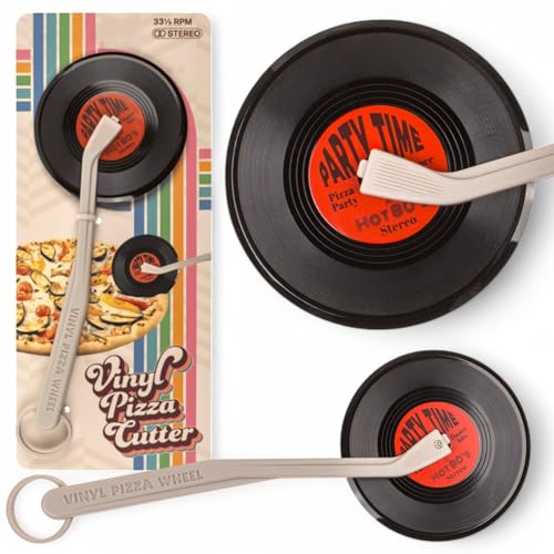 MIJOMA Vinyl Pizza Schneider – Retro Pizzaschneider im Schallplatten-Design, 21,5 cm, mit Silikon-Aufhängung und Kunststoffgriff, Party Time & Rock Look (Rot „Party Time“) von MIJOMA
