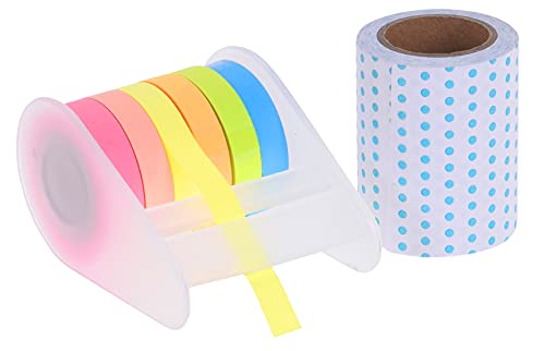 MIJOMA Washi Tape Set mit 7 Rollen, 1 Rolle 6cm breit mit Pünktchen-Design und 6 Rollen 0,8cm breit in Neonfarben, mit Dispenser, Jede Rolle 7m lang von MIJOMA