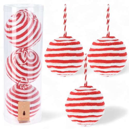 MIJOMA Weihnachtskugeln im Zuckerstangen-Design rot/weiß – Christbaumschmuck mit kuschelweicher Plüschoberfläche – Ideal für Festliche, nostalgische Weihnachtszeiten (10 cm - 3 Stück) von MIJOMA
