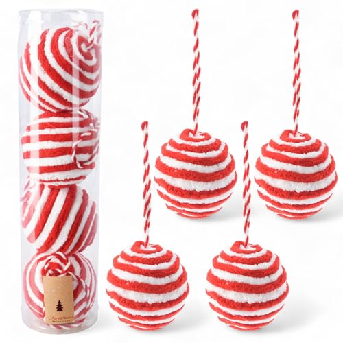 MIJOMA Weihnachtskugeln im Zuckerstangen-Design rot/weiß – Christbaumschmuck mit kuschelweicher Plüschoberfläche – Ideal für Festliche, nostalgische Weihnachtszeiten (8 cm - 4 Stück) von MIJOMA