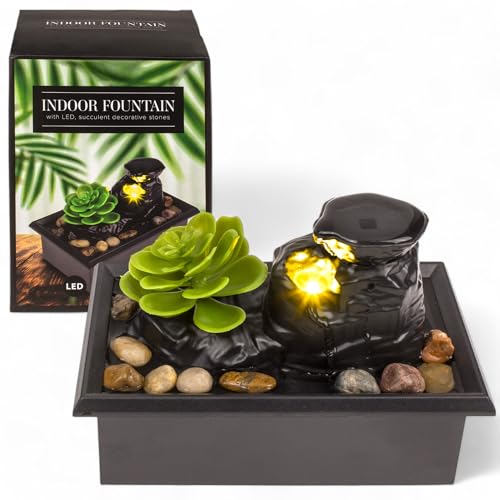 MIJOMA Zimmerbrunnen mit LED-Beleuchtung, künstlicher Sukkulente & Dekosteinen – Batteriebetriebener Tischbrunnen für entspannende Atmosphäre, 17,5 x 11 x 11,5 cm von MIJOMA