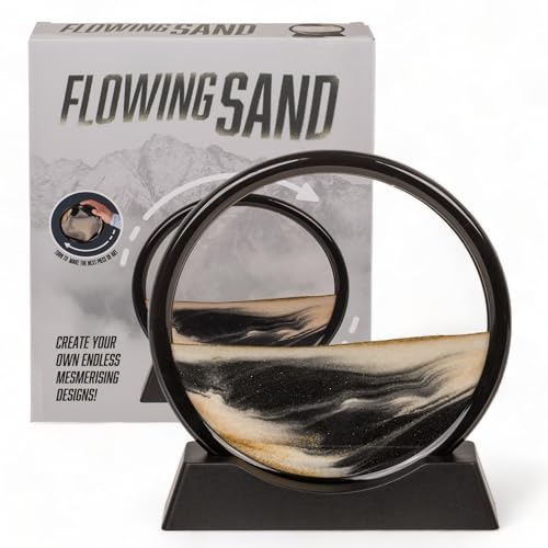 MIJOMA bewegliches Sandbild mit Sockel, dynamische Dekoration mit schwarz-weißem Sand & goldenen Glitzerpartikeln, Fließende Sandmalerei zum Drehen, Ø17,5cm x 1cm von MIJOMA