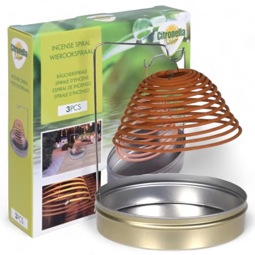 Natürliche Zitronengras Citronella Räucherspirale, 3 Spiralen in Metalldose mit Halterung, je 8 Std Brenndauer, für Innen Draußen Garten Balkone Terrasse Camping Grillen von MIJOMA