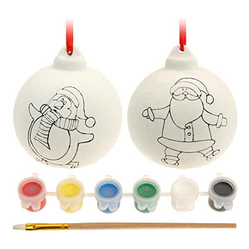 Set DIY Christbaumschmuck Weihnachtsschmuck Weihnachtsanhänger Weihnachtskugeln zum Personalisieren, Selbstgestalten & Bemalen mit 6 Farben und Pinsel, Geschenkidee, 6cm (2 Kugeln Weihnachten) von MIJOMA