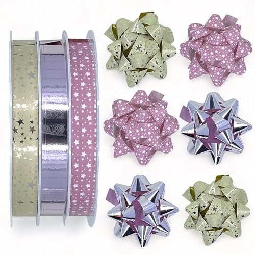 Set Ringelband Polyband Geschenk-Band Geschenkschleifen zum Basteln und Verpacken - glänzend & matt sortiert (3 Rollen Schleifenband + 6 Geschenkschleifen, rosa - beige - violett) von MIJOMA