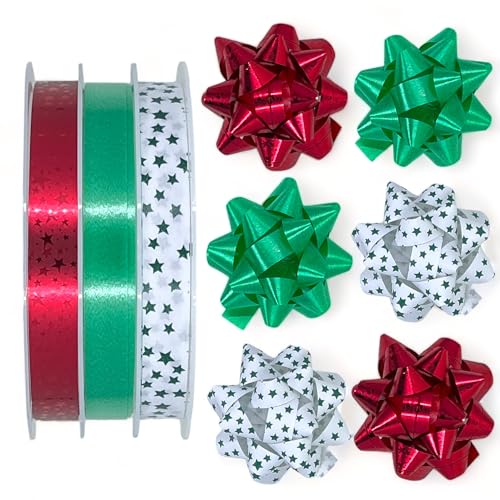 Set Ringelband Polyband Geschenk-Band Geschenkschleifen zum Basteln und Verpacken - glänzend & matt sortiert (weiß - rot - grün, 3 Rollen Schleifenband + 6 Geschenkschleifen) von MIJOMA