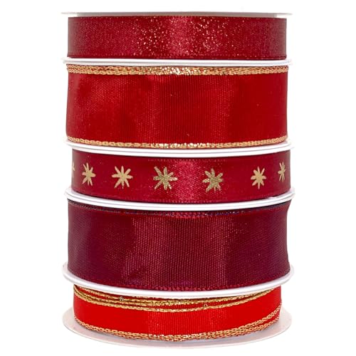 Set Ringelband Polyband Geschenk-Band Geschenkschleifen zum Basteln und Verpacken - glänzend & matt sortiert (Bordeaux, 5 Rollen Schleifenband je 3m) von MIJOMA