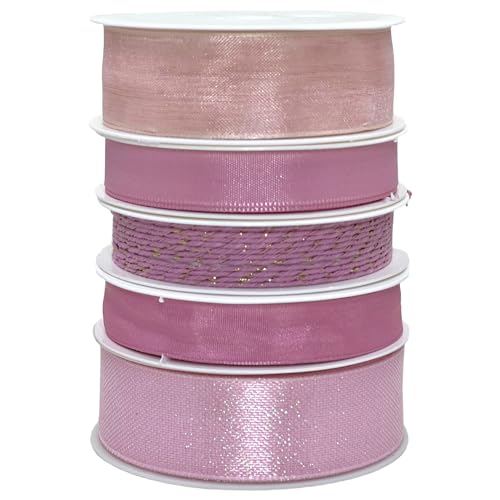 Set Ringelband Polyband Geschenk-Band Geschenkschleifen zum Basteln und Verpacken - glänzend & matt sortiert (Rosa, 5 Rollen Schleifenband je 3m) von MIJOMA