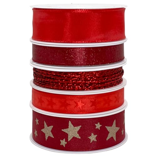 Set Ringelband Polyband Geschenk-Band Geschenkschleifen zum Basteln und Verpacken - glänzend & matt sortiert (Rot, 5 Rollen Schleifenband je 3m) von MIJOMA