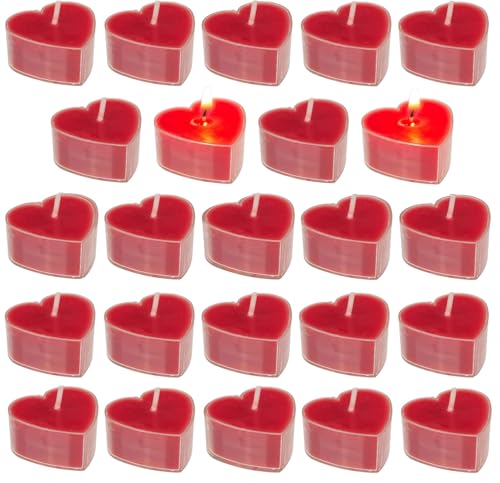 Set Teelicht in Herzform - ca. 4 x 4 cm - Wählbare Farben Rot oder Weiß - Romantische Beleuchtung für jeden Anlass (Rot - 24 Stück) von MIJOMA
