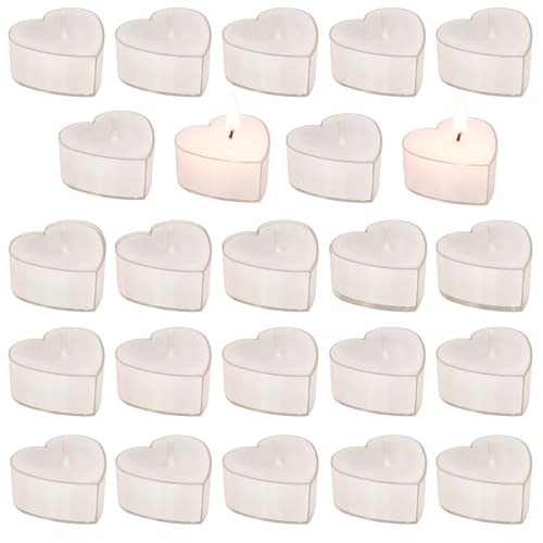 Set Teelicht in Herzform - ca. 4 x 4 cm - Wählbare Farben Rot oder Weiß - Romantische Beleuchtung für jeden Anlass (Weiß - 24 Stück) von MIJOMA