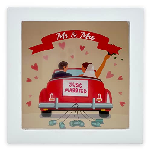 Spardose Sparbüchse 3D-Bilderrahmen mit transparenter Frontscheibe, Geschenk Sparschwein, Verpackung für Geldgeschenk (Just Married - weiß, Rechteckig) von MIJOMA