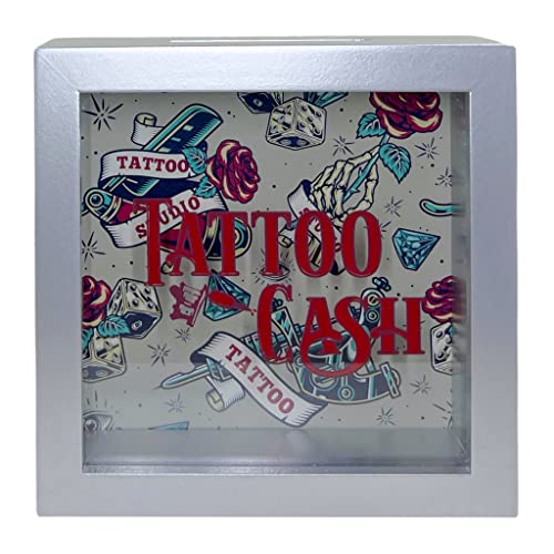 Spardose Sparbüchse 3D-Bilderrahmen mit transparenter Frontscheibe, Geschenk Sparschwein, Verpackung für Geldgeschenk (Tattoo Cash - Silber, Rechteckig) von MIJOMA