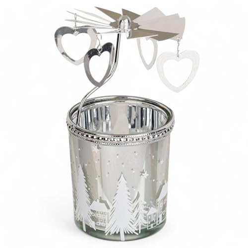 Teelichthalter rotierend Teelicht-Karussell Weihnachten Kerzenhalter aus Metall, rotierender Teelichtleuchter Mini-Pyramide 12cm (Silber - Votivglas & Herz) von MIJOMA