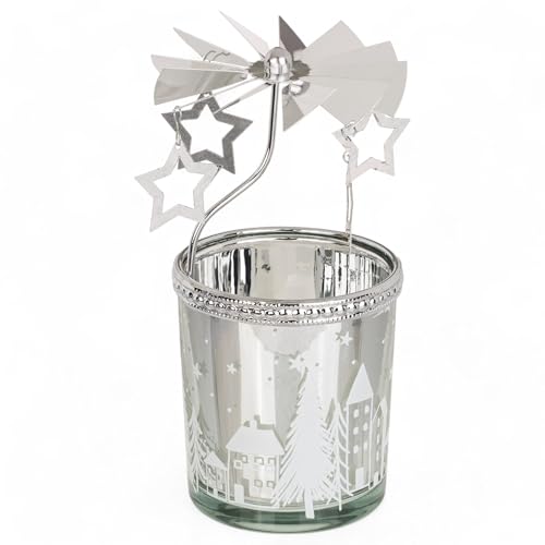 Teelichthalter rotierend Teelicht-Karussell Weihnachten Kerzenhalter aus Metall, rotierender Teelichtleuchter Mini-Pyramide 12cm (Silber - Votivglas & Stern) von MIJOMA