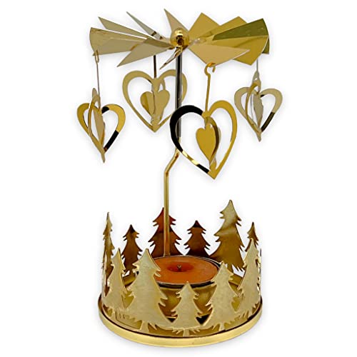 Teelichthalter rotierend Teelicht-Karussell Weihnachten Kerzenhalter aus Metall, rotierender Teelichtleuchter Mini-Pyramide 13.5cm (Gold - Tannenkranz & Herz) von MIJOMA