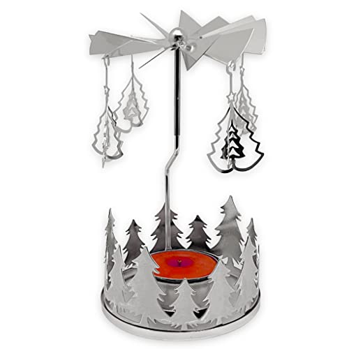 Teelichthalter rotierend Teelicht-Karussell Weihnachten Kerzenhalter aus Metall, rotierender Teelichtleuchter Mini-Pyramide 13.5cm (Silber - Tannenkranz & Tannenbaum) von MIJOMA
