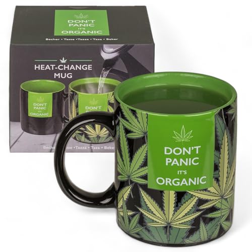 Kaffeebecher Kaffeetasse Teetasse Cannabis-Design hitzempfindlich, Hanf-Tasse Don't Panic it's Organic, Becher aus Keramik, reagiert auf Wärme, 350 ml, schwarz-grün von MIK funshopping