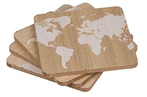 MIK funshopping Getränke-Untersetzer Weltkarte aus Holz 10cm Durchmesser 4 Stück Glasuntersetzer Teeuntersetzer (Quadratisch Natur/Weiß) von MIK funshopping