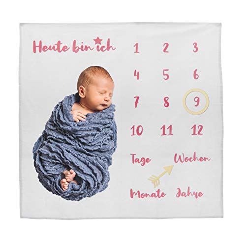 Baby-Decke Meilensteindecke Monatsdecke Fotodecke für Baby Milestone Fotografie-Requisiten Hintergrund-Tuch Deutsch 100x100cm (weiß / rosa Schrift) von MIK funshopping