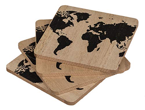 MIK funshopping Getränke-Untersetzer Weltkarte aus Holz 10cm Durchmesser 4 Stück Glasuntersetzer Teeuntersetzer (Quadratisch Natur/Schwarz) von MIK funshopping