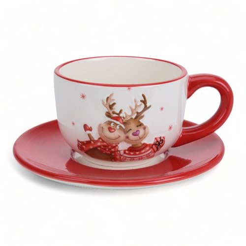 MIK funshopping Weihnachtstasse | Hochwertige Keramik-Tasse mit weihnachtlichem Design | Ideal für Heiß- & Kaltgetränke | Rentier Love 250ml mit Untertasse von MIK funshopping