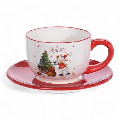 MIK funshopping Weihnachtstasse | Hochwertige Keramik-Tasse mit weihnachtlichem Design | Ideal für Heiß- & Kaltgetränke | Rentier rot 250ml mit Untertasse von MIK funshopping