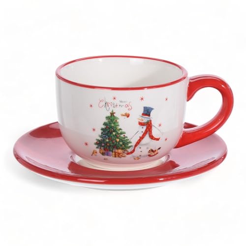 MIK funshopping Weihnachtstasse | Hochwertige Keramik-Tasse mit weihnachtlichem Design | Ideal für Heiß- & Kaltgetränke | Schneemann rot 250ml mit Untertasse von MIK funshopping