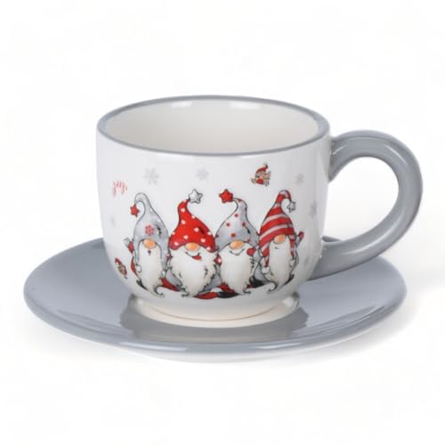 MIK funshopping Weihnachtstasse | Hochwertige Keramik-Tasse mit weihnachtlichem Design | Ideal für Heiß- & Kaltgetränke | Wichtel grau 250ml mit Untertasse von MIK funshopping