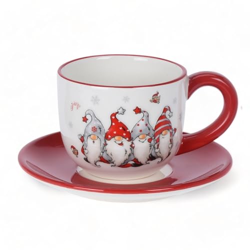 MIK funshopping Weihnachtstasse | Hochwertige Keramik-Tasse mit weihnachtlichem Design | Ideal für Heiß- & Kaltgetränke | Wichtel rot 250ml mit Untertasse von MIK funshopping