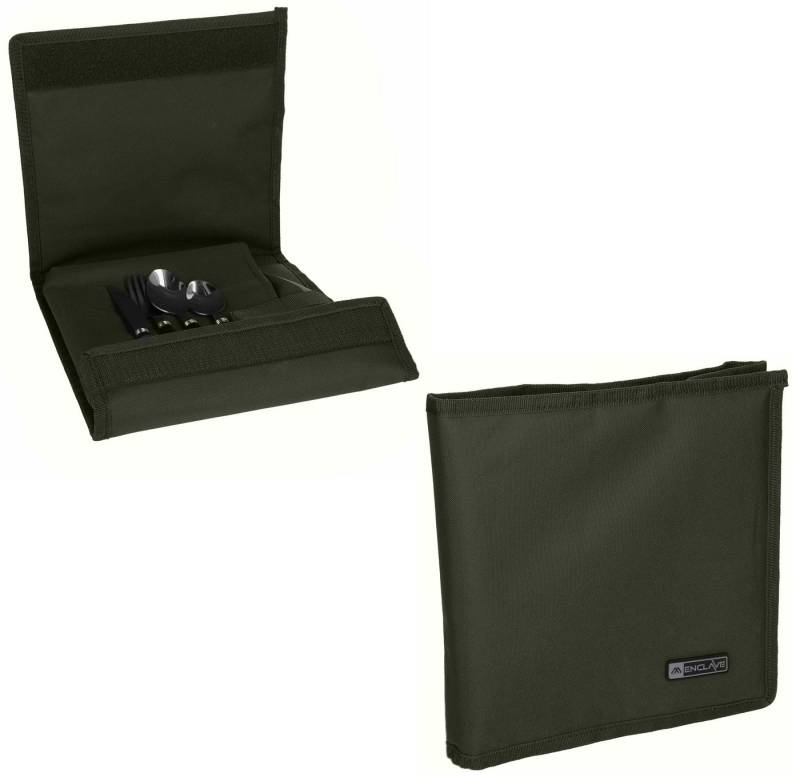 MIKADO Total Fishing Single Geschirr-Set Geschirrset Single - Enclave Dinner Set - mit Tasche - Edelstahl (6-tlg), 1 Personen, Teller, Messer, Gabel, Teelöffel, Eßlöffel, Tasche von MIKADO Total Fishing