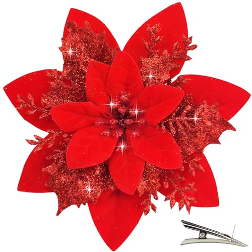 MIKAILE 20 Stück Weihnachten Glitzer Weihnachtsstern Blumen mit Clips, Poinsettia Weihnachtsblume Glitzernde für Weihnachtsbaum Dekorationen (Rot) von MIKAILE