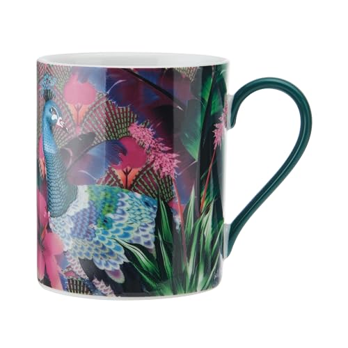 MIKASA x Sarah Arnett Porzellan-Tasse, bedruckte Tasse für Tee und Kaffee, einzigartige Tasse zum Verschenken, Pfauen-Druck, 350 ml, spülmaschinenfest von MIKASA