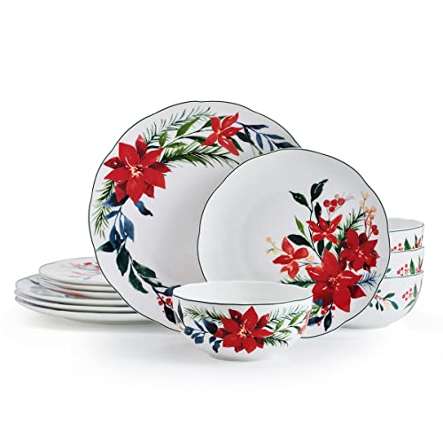 Mikasa Merry Poinsettia Holiday Chip Resistant 12 Piece Dinnerware Set, Service for 4 von MIKASA