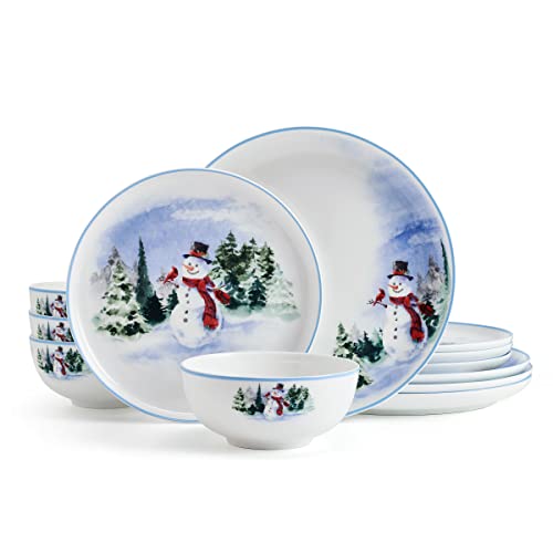 Mikasa Schneemann Forest Chip Resistant 12-teiliges Geschirr-Set, Service für 4 Personen von MIKASA