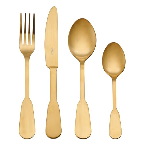 Mikasa Soho Gold 16pc Edelstahl Besteck Set, Gold Besteck Set für 4 | Enthält 4x Messer, 4x Gabeln, 4x Dessertlöffel und 4x Teelöffel - Spülmaschinenfest von MIKASA