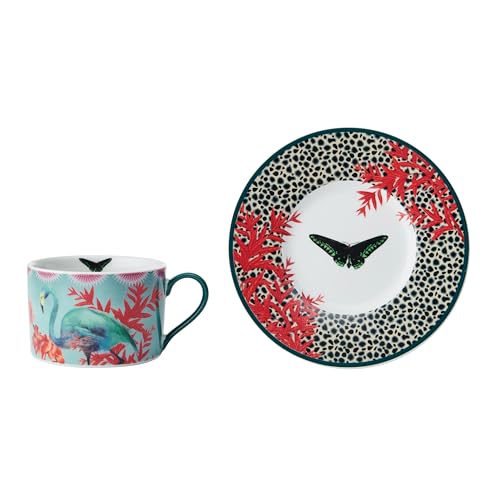 Mikasa x Sarah Arnett Tasse und Untertasse, Porzellan Teetasse & Untertasse Set, einzigartiger Becher zum Verschenken, Schmetterlingsdruck, 250ml - spülmaschinenfest von MIKASA
