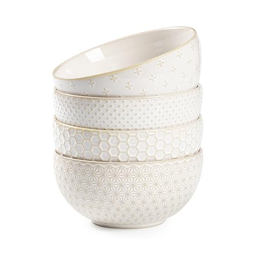 MIKIGEY Keramik Müslischalen 880 ml, Suppenschalen 4er Set für Küche, Steingutschalen mit Prägung, weiße Schalen für Müsli, Suppe, Reis, Salat, Obst, mikrowellen- & spülmaschinenfest von MIKIGEY
