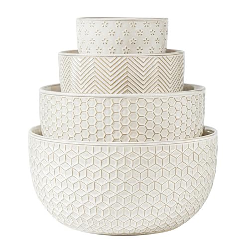 MIKIGEY Keramik-Rührschüsseln, geprägte Nesting-Schüsseln, Rührschüssel-Set, 4er-Set, Rührschüsseln zum Kochen, Backen, Servieren, Popcorn, Salat usw., mikrowellen- und spülmaschinenfest, 20/47/99 von MIKIGEY