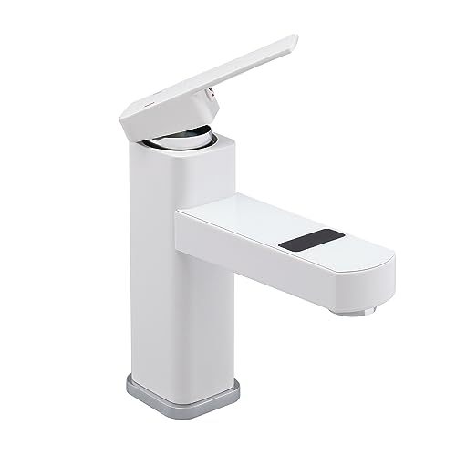 Digitale Wasserhahn mit LED Temperaturanzeige - Bad Waschtisch Mischbatterie Einhebel - Modernes Design aus Rostfreier Stahl - Deck Mount Installation - Keramikspule - 0-99°C Anzeige (Weiß) von MIKIYUEER
