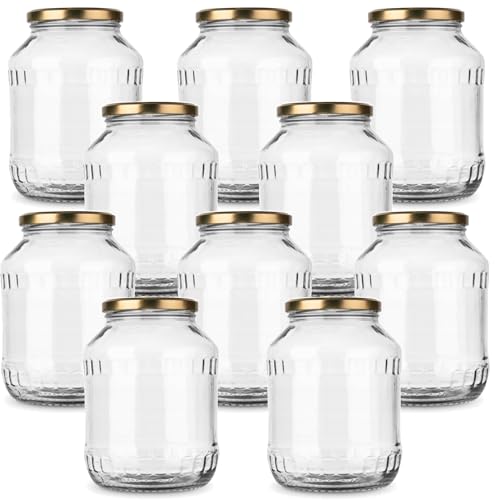 MIKONI 2,5 Liter Weckgläser Gurkenglas Einweckgläser Deckel Einmachgläser Vorratsgläser Einmachglas Sturzglas Konservenglas Rundgläser GOLD Deckel (10) von MIKONI